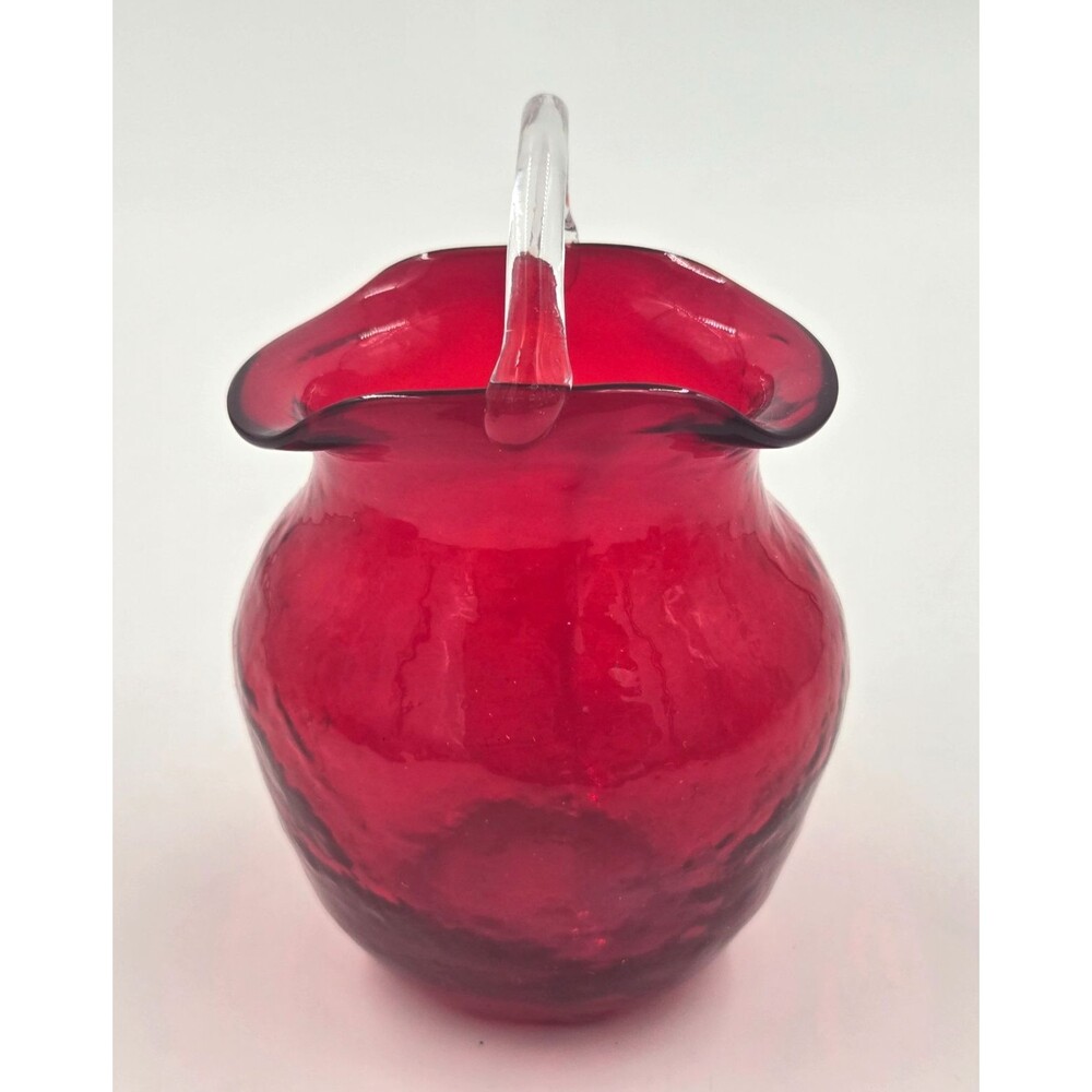 Vintage Rainbow Crackle Glass Ruby Red Hand Blown Ruffle Edge Vase Basket USA